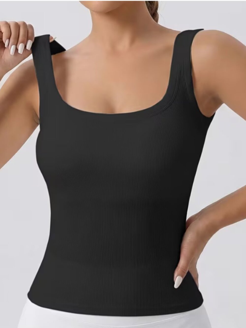 Black Ribbed Square Neck Tank Medium Built-In Bra Stretchy Fitted NWT